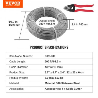 VEVOR Cable de Acero Inoxidable 91,5 m Diámetro de 3,18 mm Cable de Suspensión 7x7 hilos Resistencia a la Rotura 626 kg con Cortacables para Barandillas de Escaleras Tendedero Colgar Luces de Hadas