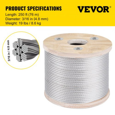 VEVOR Cuerda de Alambre de Acero Inoxidable T304 de 250' Cable Longitud de 76 m