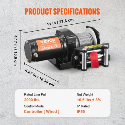 Cabrestante Eléctrico 12V 2000 libras / 907kg Cabrestante de Cable de Acero 1,8 m Control Remoto de Mano IP55 con Cable de Control Remoto Negro Ideal para Medianas Grandes SUV Camiones Yates