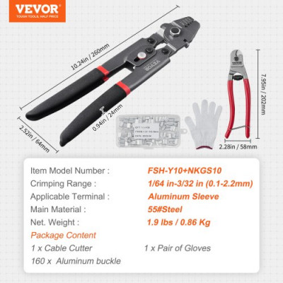 VEVOR Alicates de Corte 0,1-2,2 mm Herramienta para Prensar Cables 4 Tamaños de Mandíbula con Cortador de Cable 160 Manguitos de Aluminio Teflón Recubierto a Prueba de Óxido Kit de Máquina de Prensar