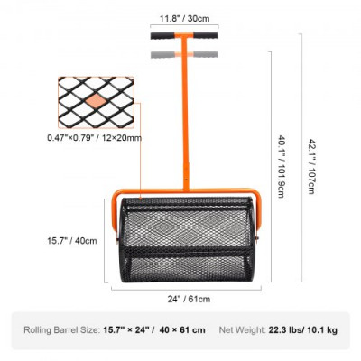 VEVOR Esparcidor de Abono Ancho de 61 cm Esparcidor de Turba y Musgo Mango Regulable en Altura 62,5-67,5 cm Cesta de Malla de Acero Cierres Laterales para Esparcir Estiércol Césped Jardín, Negro