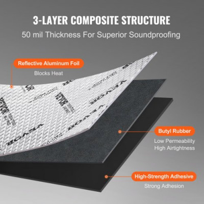 VEVOR Estera de Aislamiento Acústico 1,3mm Insonorización de Automóviles 4,8m² Caucho de Butilo Material de Insonorización 248,9x398,8mm Estera de Aislamiento Térmico Estructura de 3 Capas para Coches