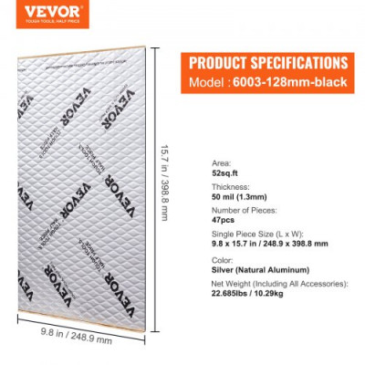 VEVOR Estera de Aislamiento Acústico 1,3mm Insonorización de Automóviles 4,8m² Caucho de Butilo Material de Insonorización 248,9x398,8mm Estera de Aislamiento Térmico Estructura de 3 Capas para Coches