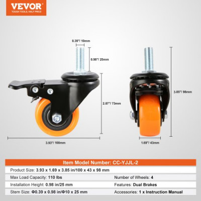 VEVOR Juego de 4 Ruedas Giratorias Industriales con Vástago Roscado, Ruedas Silenciosas de 50,8 mm para Muebles con Freno de Doble Bloqueo, Capacidad de Carga de 50 kg para Carros, Muebles, Oficinas