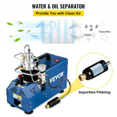 VEVOR Bomba PCP Eléctrica 300 BAR 30 MPa 4500 PSI Compresor de Aire de Alta Presión 1800W Bomba de Aire de Alta Presión 37x18x40 cm Apagado Manualmente, Separador de Agua y Aceite para Tanque de Buceo