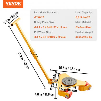 VEVOR 3T Carretilla para Maquinaria Pesada Asa de Transporte Equipo Industrial Acero al Carbono 3 Ruedas 360° Giratoria PU Antideslizante para Almacén Taller Fábrica