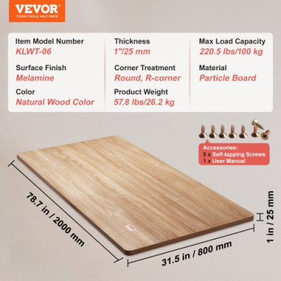 VEVOR Tablero de Madera de Mesa 200x80x2,5 cm Capacidad de Carga de 100 kg Tablero de Mesa Rectangular de Aglomerado para Escritorio Superficie de Mesa Encimera Mesa de Comedor, Hogar, Cocina, Oficina