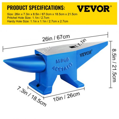 Yunque de Acero 132.3LBS (60KG) Acero Forjado con Agujeros Redondos y Cuadrados