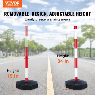 VEVOR Poste de Tráfico 2 Piezas Poste Límite con Base Rellenable Cono de Tráfico de Altura Ajustable Cadena Larga 2,4 m para Control de Tráfico Sitio de Construcción Estacionamiento, Rojo y Blanco