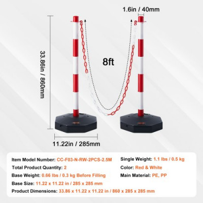 VEVOR Poste de Tráfico 2 Piezas Poste Límite con Base Rellenable Cono de Tráfico de Altura Ajustable Cadena Larga 2,4 m para Control de Tráfico Sitio de Construcción Estacionamiento, Rojo y Blanco