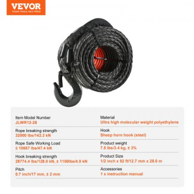 VEVOR Cuerda de Cabrestante 12,7 mm x 28,0 m Cable Sintético Resistencia a la Rotura de 142,3 kN con Funda Protectora, Gancho de Cabrestante Forjado, Correa de Tracción para SUV, Vehículos, Camiones