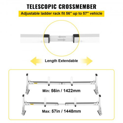 VEVOR 3 Barras de Techo Transversales con Topes de Escalera Carga de 340 kg Portaescaleras de Techo de Acero Longitud Ajustable de 1422-1448 mm Portaequipajes para Camión Compatible con Chevy Express