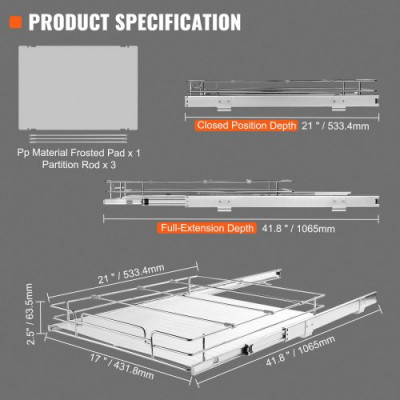 VEVOR Organizador Extraíble Debajo del Fregadero 432x533x63,5 mm Cesta Deslizante 1 Nivel de Acero Cromado Cajón Deslizante Carga de 13 kg Deslizamiento Suave para Organización del Baño Cocina