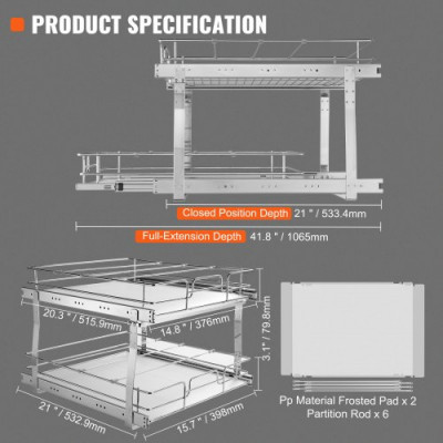 VEVOR Estante Debajo del Fregadero 2 niveles 376x516 mm y 398x533 mm, Estante Deslizante para Armario de Acero Cromado con Estantes Carga de 30 kg Deslizamiento Suave para Organización del Baño Cocina