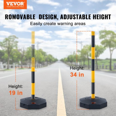 VEVOR Poste de Tráfico 2 Piezas Poste Límite con Base Rellenable Cono de Tráfico de Altura Ajustable Cadena Larga 2,4 m para Control de Tráfico Sitio de Construcción Estacionamiento Amarillo y Negro