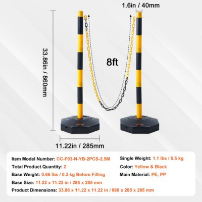 VEVOR Poste de Tráfico 2 Piezas Poste Límite con Base Rellenable Cono de Tráfico de Altura Ajustable Cadena Larga 2,4 m para Control de Tráfico Sitio de Construcción Estacionamiento Amarillo y Negro