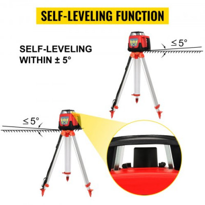 Nivel de Láser Rojo Rotatorio Auto-Nivelante 250m Kit de Trípode y Bastón para Niveles Automáticos 5m Trípode de Nivel Plegable para Niveles Automáticos