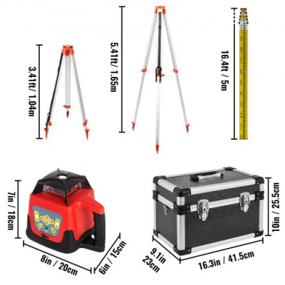 Nivel de Láser Rojo Rotatorio Auto-Nivelante 250m Kit de Trípode y Bastón para Niveles Automáticos 5m Trípode de Nivel Plegable para Niveles Automáticos