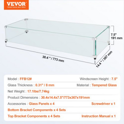 VEVOR Protector contra el viento para brasero, 773x367x191 mm Pantalla contra el viento de vidrio templado Pantalla protectora rectangular Protector contra llamas a prueba de viento Espesor 8 mm