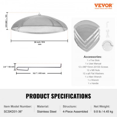 VEVOR Parachispas para Brasero 914 mm Alambrera de Brasero de Acero Inoxidable Cubierta Redonda Rejilla de Protección contra Chispas de Fuego Apertura Fácil con Accesorios para Hogueras, Jardín, Patio