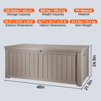 VEVOR Caja de Jardín 1430x675x605 mm Caja de Almacenamiento Exterior 454,2 L PP Candado Impermeable Aleación de Aluminio para Piscina, Juguetes, Herramientas, Cojines, Terraza, Balcón, Interior, Gris