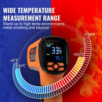 VEVOR Termómetro Infrarrojo -40°C~1500°C Pistola de Temperatura Láser Dual sin Contacto Pistola de Temperatura Infrarroja de Mano con Emisividad Ajustable para Fusión de Metal/Motor (No para Humanos)