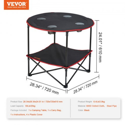 VEVOR Mesa de Camping 72x72x61 cm Carga de 25 kg Mesa Plegable Portátil para Exteriores Bandeja Ligera en Tejido Oxford 600D Estructura de Acero con Bolsa de Transporte para Playa Pícnic Barbacoa