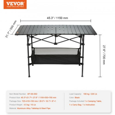 VEVOR Mesa de Camping 115x55x70 cm Carga de 100 kg Mesa Plegable Ligera para Exteriores Bandeja de Aleación de Aluminio y Tubo de Acero con Bolsa de Transporte para Playa Pícnic Barbacoa Senderismo