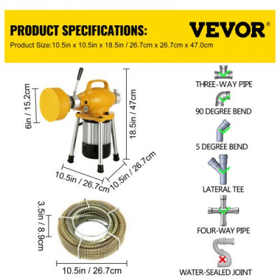 Desatascador Eléctrico 400 W, Máquina de Limpieza de Tuberías de Drenaje 230V, Máquina Profesional de Desobstrucción de Tuberías de Drenaje 20 m x 16 mm para Limpiar Alcantarillas de Baño