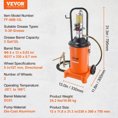 VEVOR Bomba de Grasa Neumática Relación de Presión 50:1 Bomba de Cubo de Grasa Neumática de 12 L Pistola de Grasa Bomba de Grasa con Ruedas y Manguera de 4 m Boquilla de 360° Conexión NPT Estándar