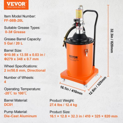 VEVOR Bomba de Grasa Neumática Relación de Presión 50:1 Bomba de Cubo de Grasa Neumática de 20 L Pistola de Grasa Bomba de Grasa con Ruedas y Manguera de 4 m Boquilla de 360° Conexión NPT Estándar