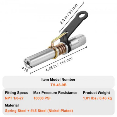 VEVOR 2 Uds. Acoplador de Pistola de Engrase Alta Presión 10.000 PSI Bloqueo de 3 Mordazas Punta de Pistola de Engrase de Liberación Rápida con Manguera, Limpiador, 1/8