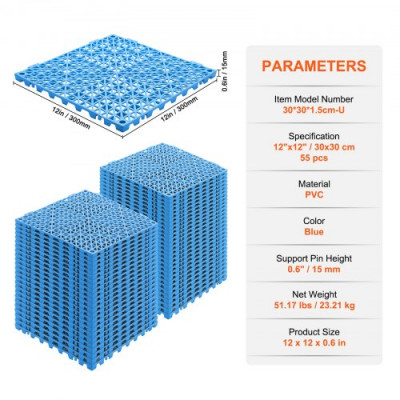 VEVOR Juego de 55 baldosas para piscina de jardín, 30 x 30 x 1,5 cm, baldosas caladas con clip