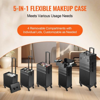 VEVOR Estuche de Maquillaje con Ruedas 5 en 1 Caja de Maleta de Almacenamiento de Aluminio Bolsa de Maquillaje Profesional Ruedas Giratorias de 360 ​​​​° de Viaje Varilla de Tracción Ajustable, Negro