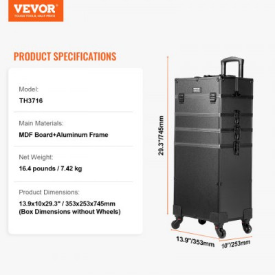 VEVOR Estuche de Maquillaje con Ruedas 5 en 1 Caja de Maleta de Almacenamiento de Aluminio Bolsa de Maquillaje Profesional Ruedas Giratorias de 360 ​​​​° de Viaje Varilla de Tracción Ajustable, Negro