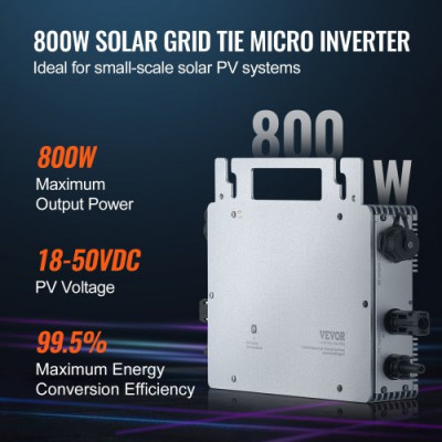 VEVOR Micro inversor solar Conexión a red 800W Microinversor solar IP67 Aleación de aluminio impermeable Voltaje CC 18-50V con antena WiFi APP Cable de alimentación para sistemas de paneles solares