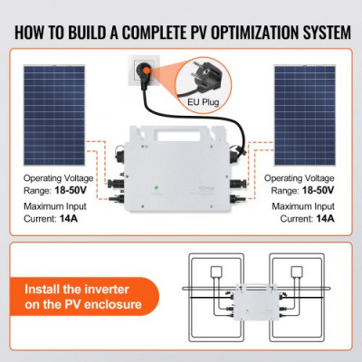 VEVOR Micro inversor solar Conexión a red 800W Microinversor solar IP67 Aleación de aluminio impermeable Voltaje CC 18-50V con antena WiFi APP Cable de alimentación para sistemas de paneles solares