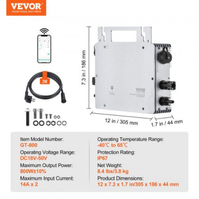 VEVOR Micro inversor solar Conexión a red 800W Microinversor solar IP67 Aleación de aluminio impermeable Voltaje CC 18-50V con antena WiFi APP Cable de alimentación para sistemas de paneles solares