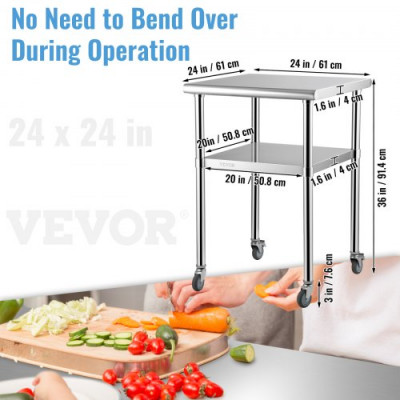 VEVOR Mesa de Trabajo de Acero Inoxidable 61x61x91,4 cm Mesa de Preparación de 2 Niveles Carga de 272,4 kg Mesa de Cocina con 4 Ruedas Estante Ajustable en Altura para Cocina Restaurante Bar Garaje