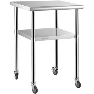 VEVOR Mesa de Trabajo de Acero Inoxidable 61x61x91,4 cm Mesa de Preparación de 2 Niveles Carga de 272,4 kg Mesa de Cocina con 4 Ruedas Estante Ajustable en Altura para Cocina Restaurante Bar Garaje