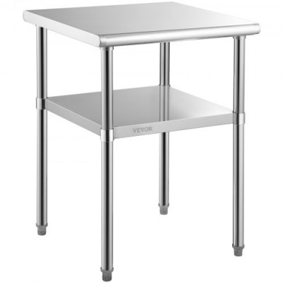 VEVOR Mesa de Trabajo de Acero Inoxidable 61x61x91,4 cm Mesa de Preparación de 2 Niveles Carga de 272,4 kg Mesa de Cocina con 4 Ruedas Estante Ajustable en Altura para Cocina Restaurante Bar Garaje