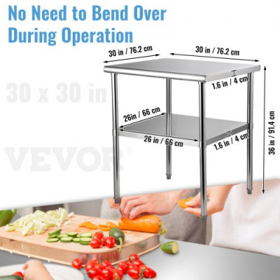 VEVOR Mesa de Trabajo de Acero Inoxidable 76 x 76 x 91 cm Mesa de Preparación de 2 Niveles Carga de 362 kg Mesa de Cocina Estante Ajustable en Altura para Cocina Restaurante Bar Garaje al Aire Libre