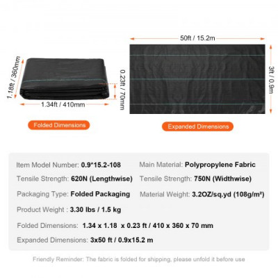 VEVOR Tela para Control de Malezas Tela para Jardín de Alta Resistencia Tela Tejida para Control de Malezas de PP Tela Geotextil para Paisajismo Vellón de Malas Hierbas 0,9 x 15,2 m, 108 g/m², Negro