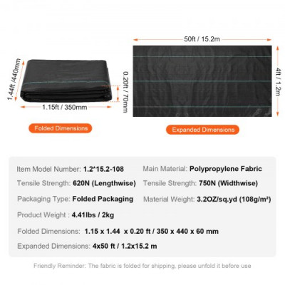 VEVOR Tela para Control de Malezas Tela para Jardín de Alta Resistencia Tela Tejida para Control de Malezas de PP Tela Geotextil para Paisajismo Vellón de Malas Hierbas 1,2 x 15,2 m, 108 g/m², Negro