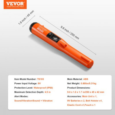 VEVOR Pinpointer Detector de Metales IP68 Totalmente Impermeable Puntero de Metal Portátil Profundidad de Detección 114 mm 3 Modos Pantalla LCD con Estuche de Batería de 9 V para Adultos y Niños