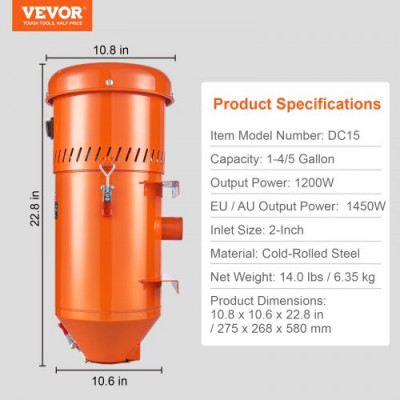 VEVOR Sistema de recolección de polvo, colector de polvo de 1450 W, con capacidad de 1,8 galones, colector de polvo, ajuste universal para gabinetes de chorro de arena