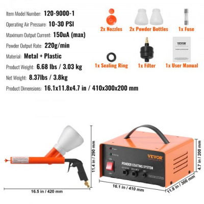 VEVOR Sistema de recubrimiento en polvo kit de recubrimiento en polvo con salida electrostática de 50 KV, pistola rociadora, interruptor de pie, boquillas y vasos para polvo