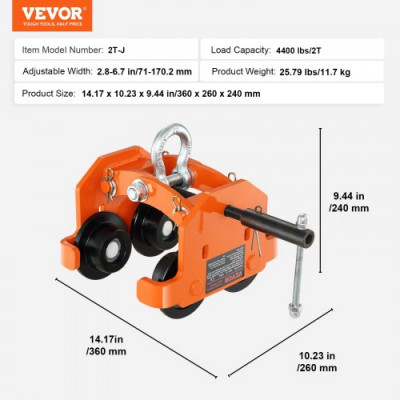 VEVOR Carro de Manipulación Capacidad de Carga de 2 T Carro de Viga de Empuje Ancho Ajustable 71-170,2 mm Carro de Polipasto de Garaje de Acero de Aleación con Ruedas para Vigas en I Rectas y Curvas