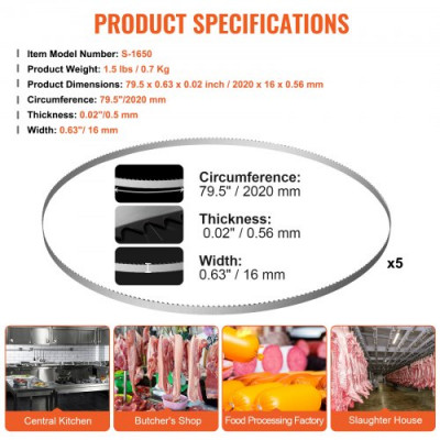 VEVOR Hojas de Sierra de Cinta 2020x16x0,56 mm Hojas de sierra para Huesos de Acero al Carbono 5 Piezas Accesorio de Repuesto de Dientes Afilados para Sierra de Carnicero para Cortar Carne Congelada