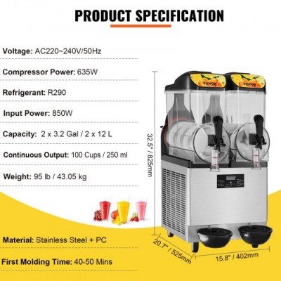 Máquina de Granizados Comercial de 2 x 12L/3,2 Gal 2 Tazones Máquina para Hacer Granizados de Bebidas Congeladas de Acero Inoxidable y PC con Panel de Control para Restaurantes Cafeterías Bares